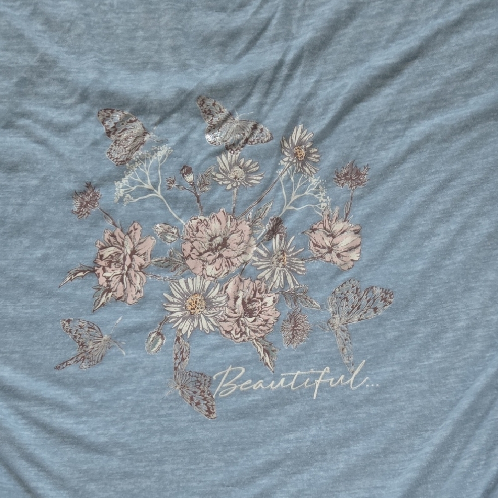 Size 18/20, Lane Bryant Light Blue Floral 'Beautiful' Graphic Tee - Picture 2 of 6